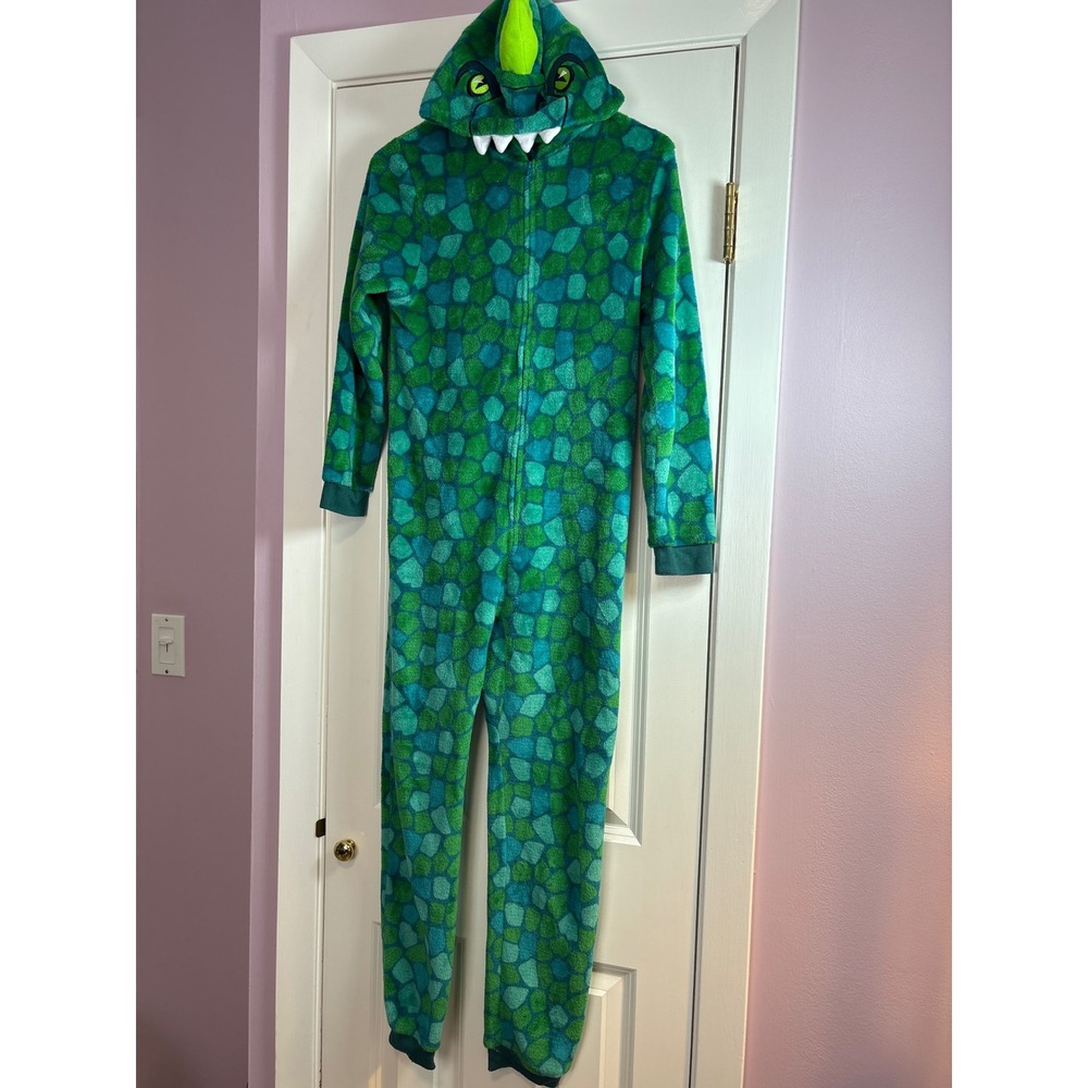 Saint Eve Kids Green Blue Dinosaur Dragon Fleece Hooded Suit Pajamas M 10/12